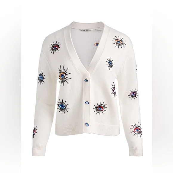 Alice + Olivia White Cardigan with Multicolor Embroidery BRADLEY SHORT EMBELLISH - Picture 6 of 11